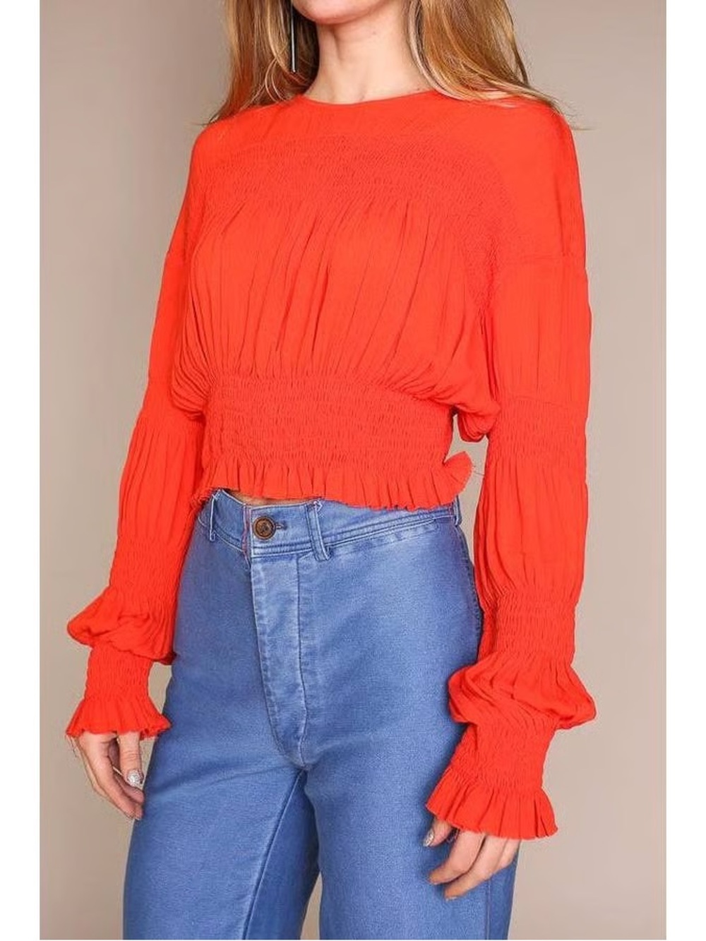 Rachel Comey Red Smocked Long-Sleeve Blouse